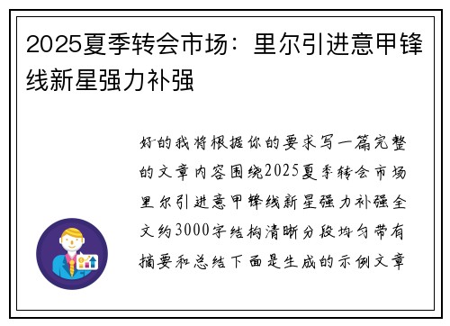 2025夏季转会市场：里尔引进意甲锋线新星强力补强