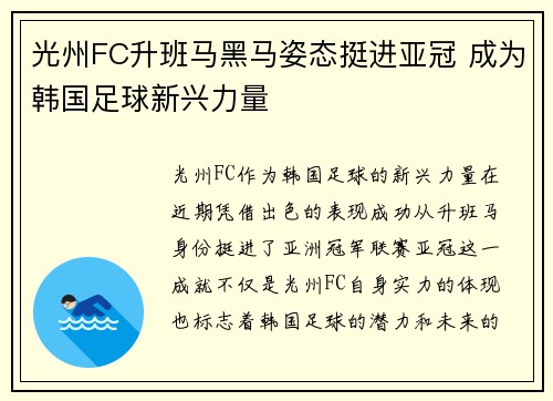 光州FC升班马黑马姿态挺进亚冠 成为韩国足球新兴力量